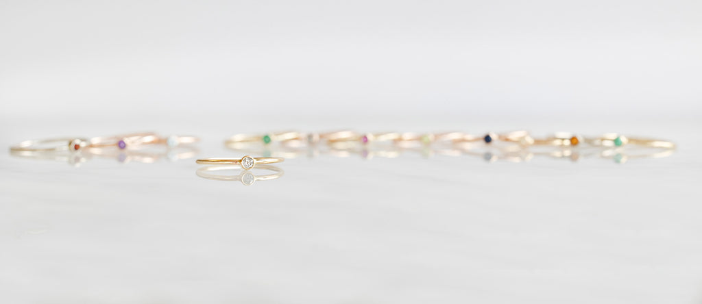 Alexis Russell Birstone Stacking Rings in a line with diamond stacker in front