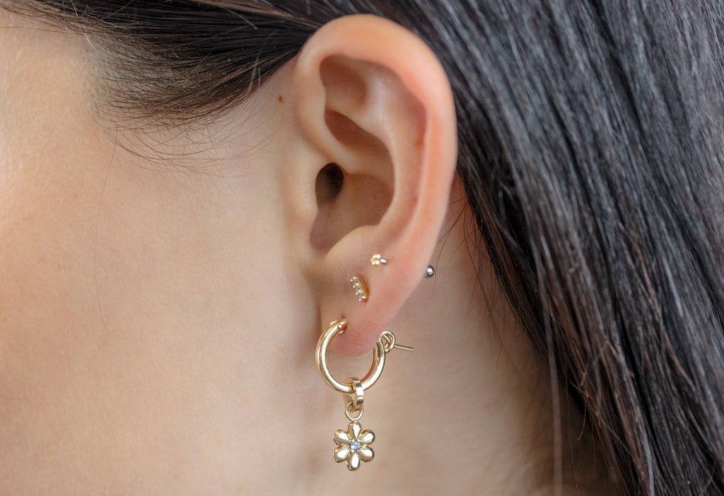 10k Yellow Gold Flower Charm on Char mHoops on Model