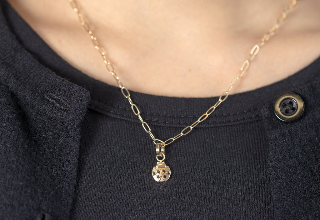 10k Yellow Gold Ladybug Charm on Necklace Chain on Model