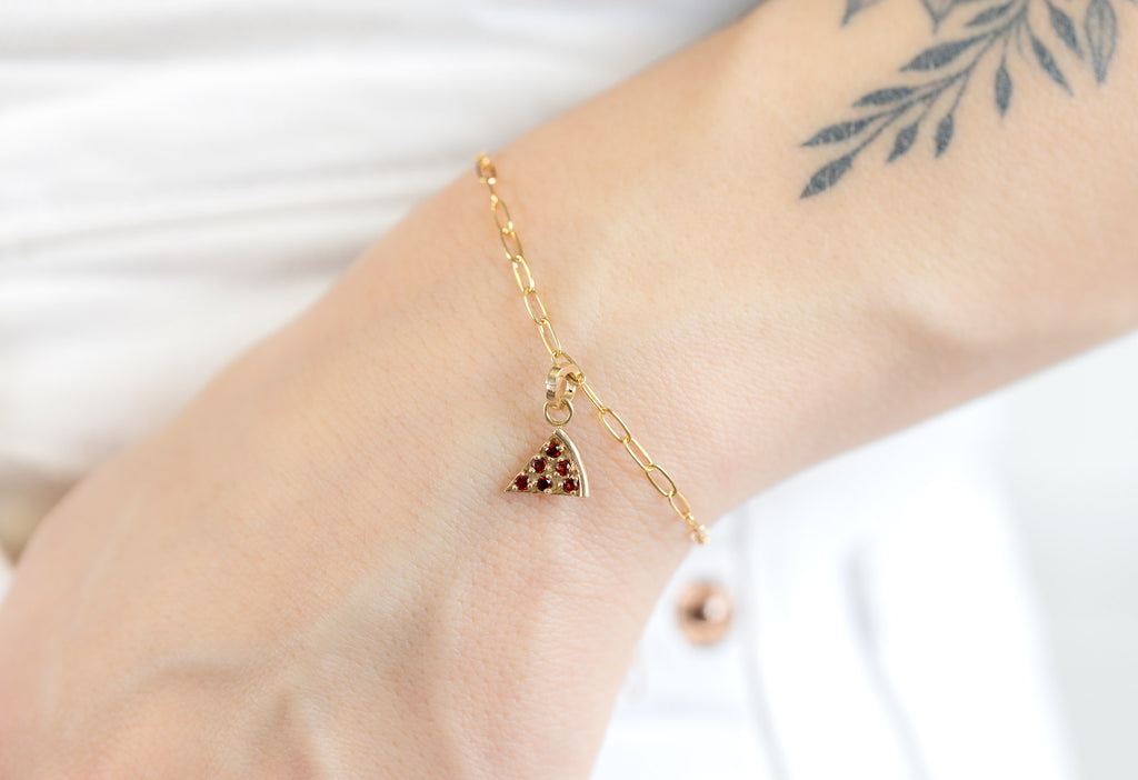 10k Yellow Gold Pizza Slice Charm on Bracelet on Model