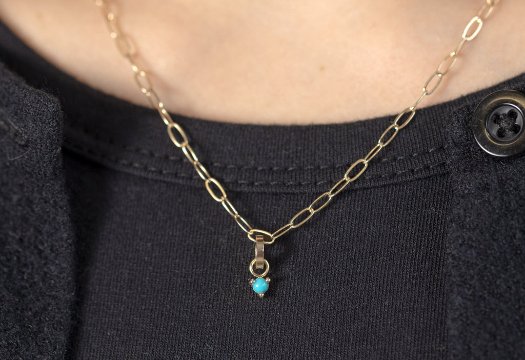 10k Yellow Gold Turquoise Birthstone Charm on Charm Necklace Chain on Model