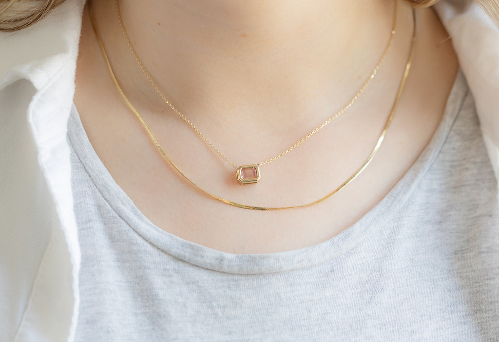 Emerald-Cut Sunstone Necklace Layered on Model