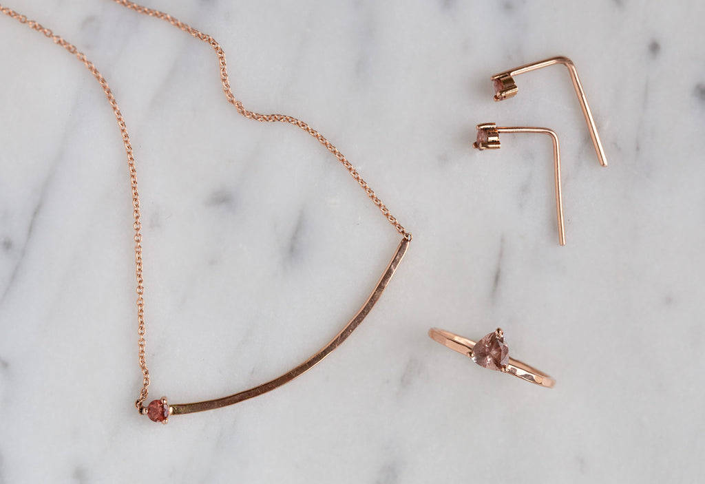 Sunstone Gemstone Staple Thread Earrings, Arc Necklace and Sunstone Trillion Ring