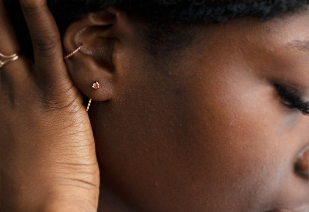 Sunstone Gemstone Staple Thread Earrings on Model