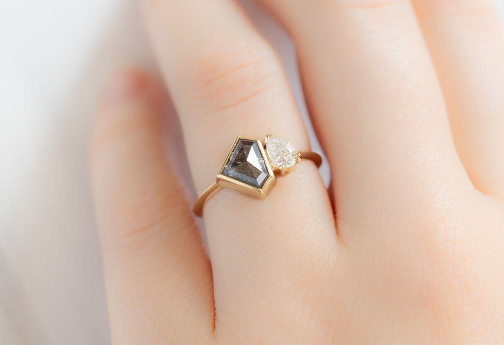 The You & Me Ring with a Salt and Pepper Shield + White Diamond on Model