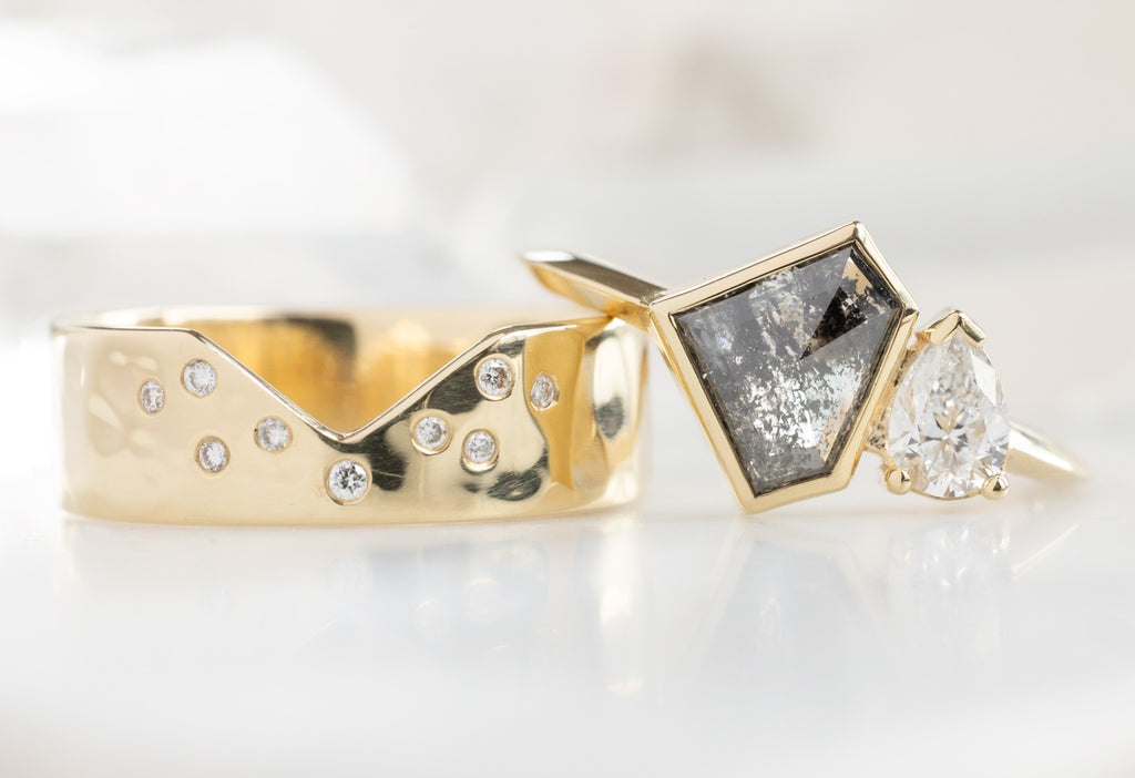 The You & Me Ring with a Salt and Pepper Shield + White Diamond with Constellation Cut-Out Stacking Band