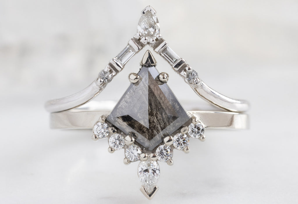 The Aster Ring with a Black Kite-Shaped Diamond with White Diamond Tiara Stacking Band