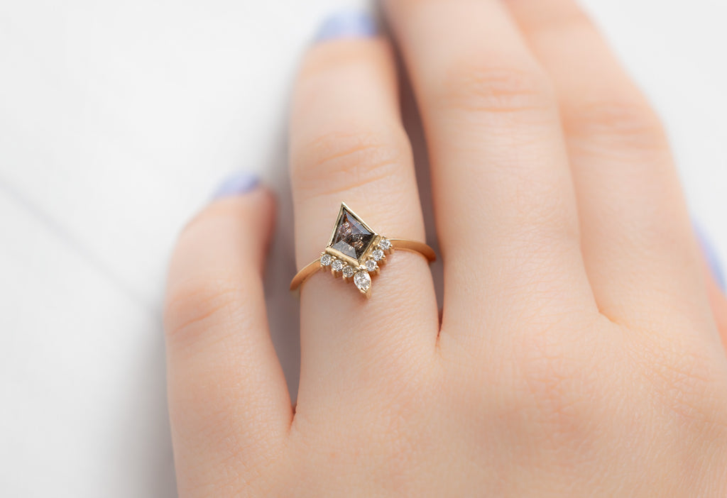 The Aster Ring with a Kite-Shaped Salt and Pepper Diamond on Model