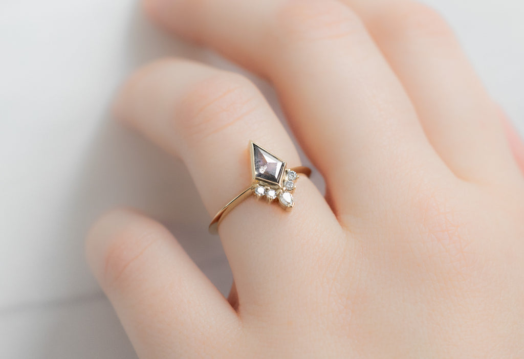 The Aster Ring with a Kite-Shaped Salt and Pepper Diamond on Model