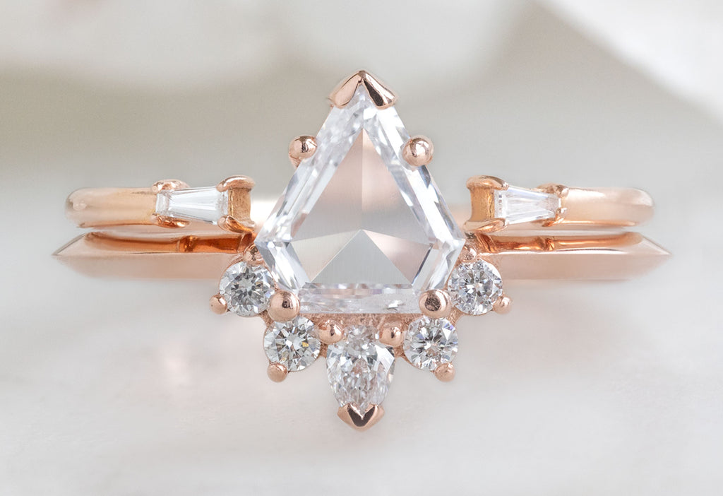 The Aster Ring with a Shield-Cut White Diamond with Open Cuff Baguette Stacking Band