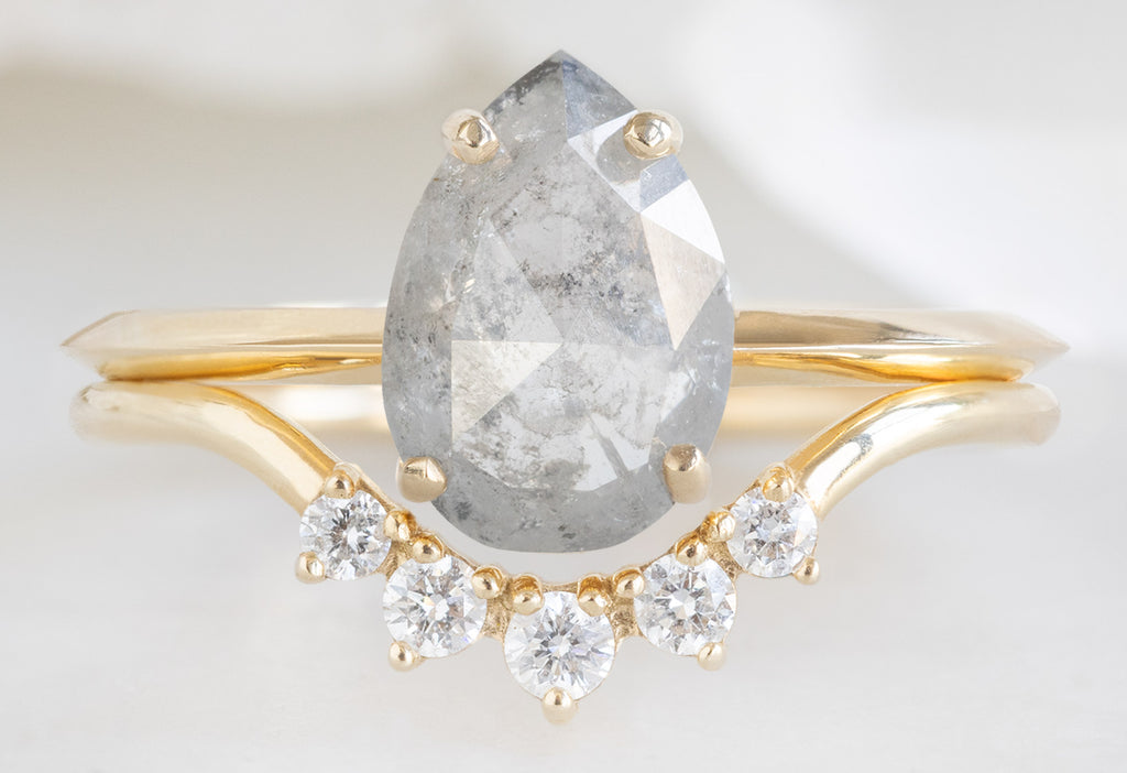 The Bryn Ring with a Rose-Cut Icy-White Diamond with the Round Diamond Sunburst Stacking Band