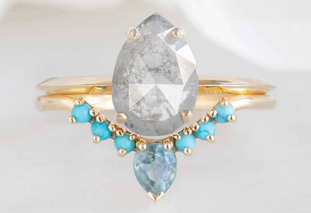 The Bryn Ring with a Rose-Cut Icy-White Diamond with Turquoise and Sapphire Sunburst Stacking Band