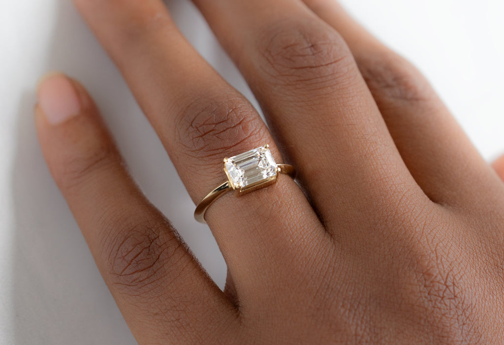 The Bryn Ring with an Emerald-Cut Lab Grown Diamond on Model