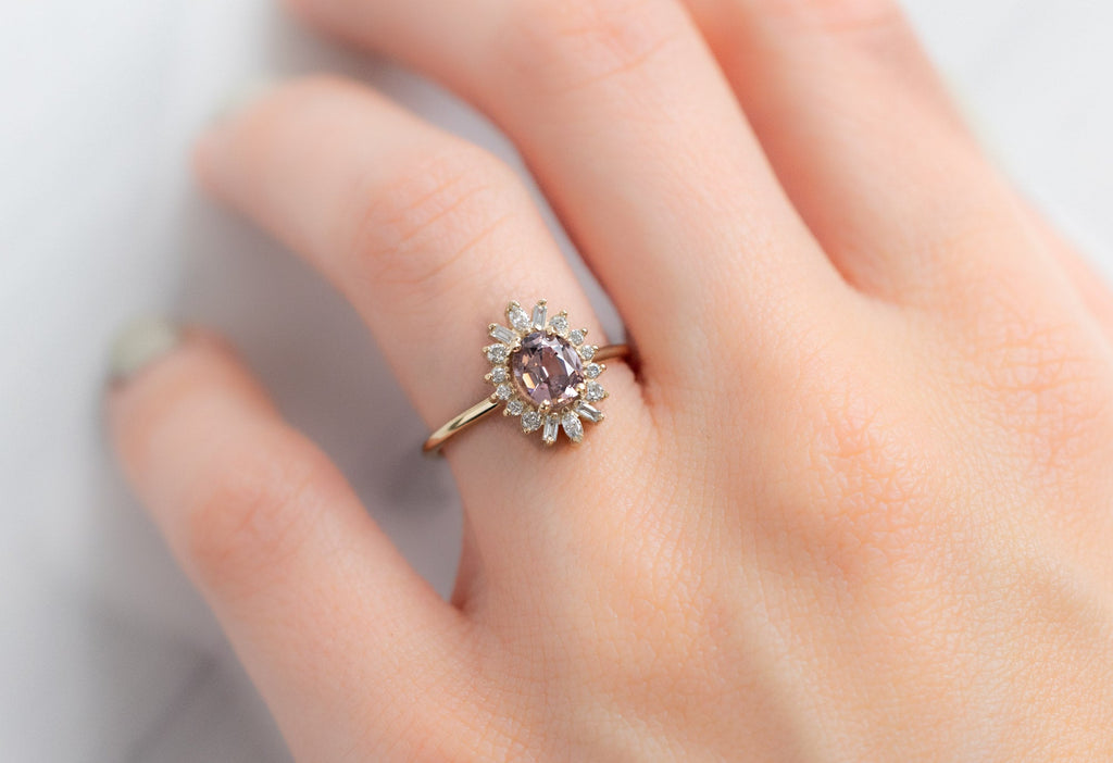 Alexis Russell Engagement Rings The Camellia Ring with an Oval-Cut Sunset Spinel