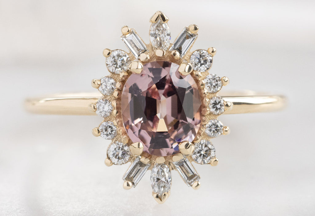 Alexis Russell Engagement Rings The Camellia Ring with an Oval-Cut Sunset Spinel