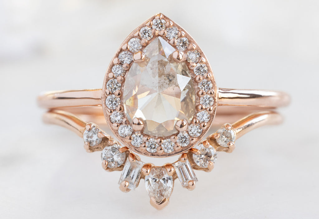 The Dahlia Ring with a Rose-Cut Champagne Diamond with Geometric White Diamond Sunburst Stacking Band