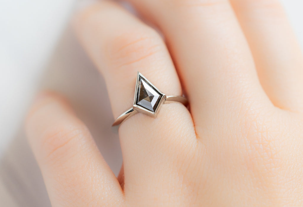 The Hazel Ring with a Black Kite-Shaped Diamond on ModelThe Hazel Ring with a Black Kite-Shaped Diamond on Model