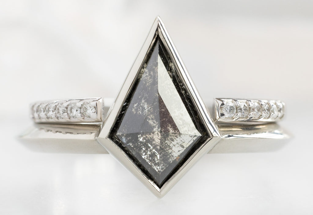 The Hazel Ring with a Black Kite-Shaped Diamond with Open Cuff Pavé Diamond Stacking Band