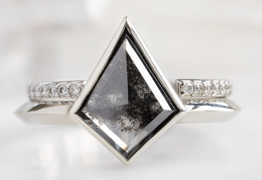 The Hazel Ring with a Black Kite-Shaped Diamond with Open Cuff Pavé Diamond Stacking Band