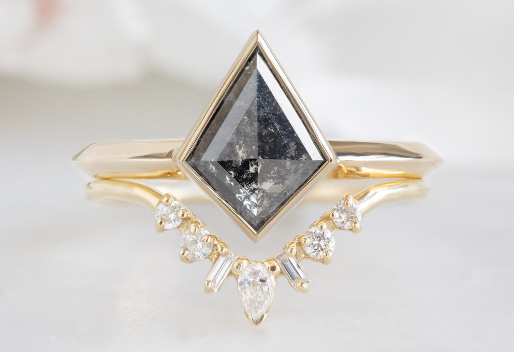 The Hazel Ring with a Kite-Shaped Black Diamond with the Geometric Diamond Sunburst Stacking Band