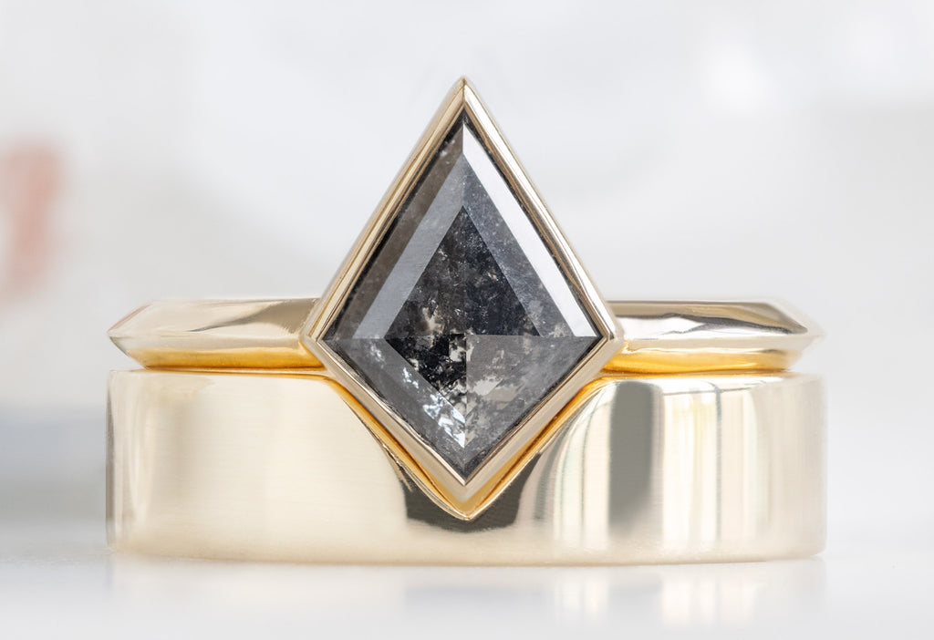 The Hazel Ring with a Kite-Shaped Black Diamond with the Gold Cut-Out Stacking Band