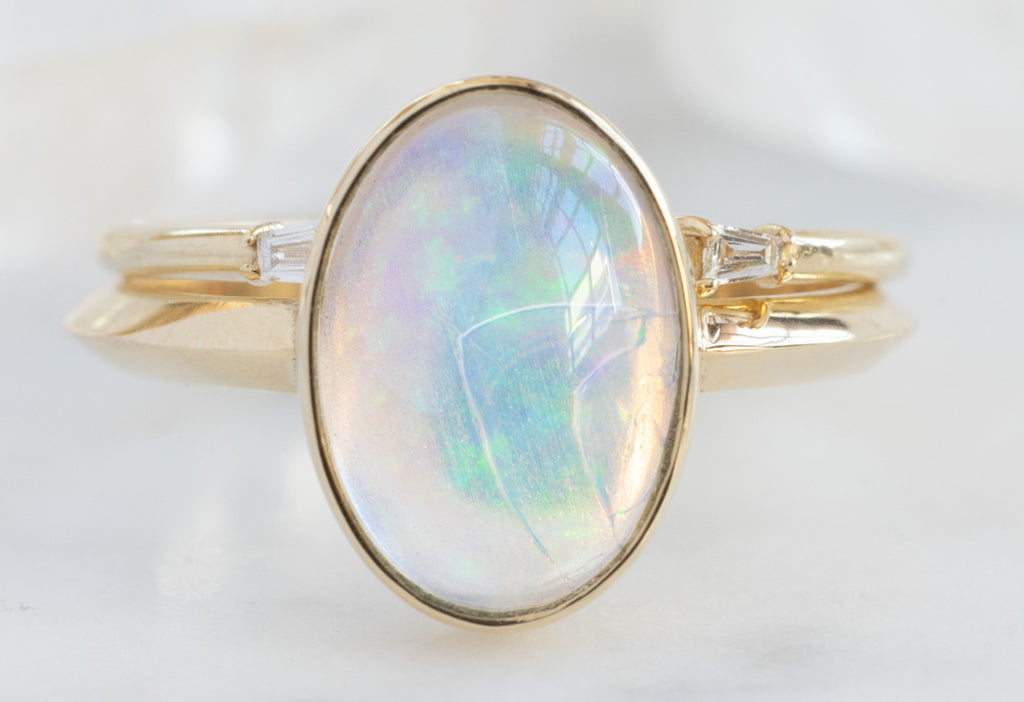 The Hazel Ring with an Australian Opal with Open Cuff Baguette Stacking Band