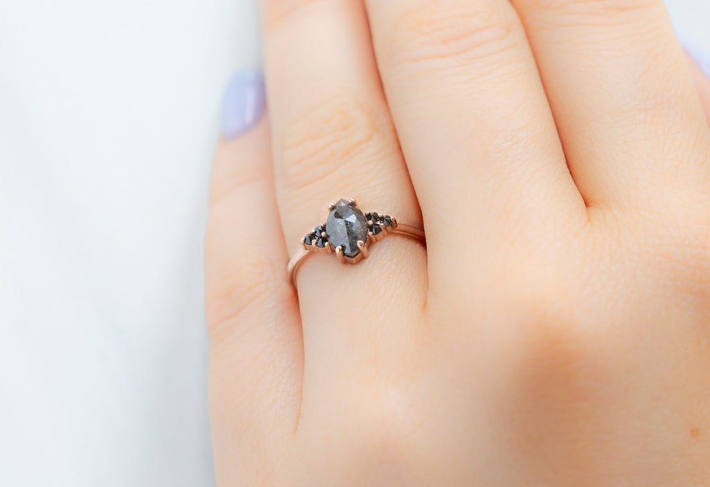 The Ivy Ring with a Black Marquise Diamond on Model