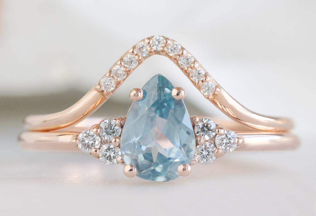 The Ivy Ring with a Pear-Cut Montana Sapphire with Pavé Peak Diamond Stacking Band