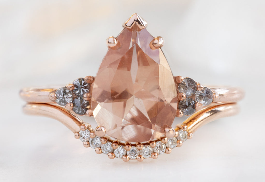 The Ivy Ring with a Pear-Cut Sunstone with Pavé Diamond Arc Stacking Band