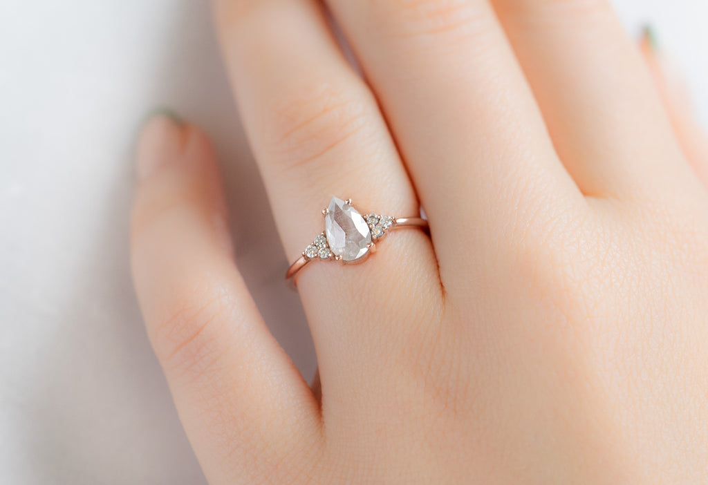 The Ivy Ring with a Rose-Cut Opalescent Diamond on Model