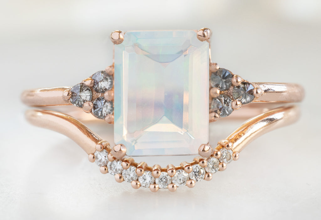 The Ivy Ring with an Emerald-Cut Opal with Pavé Diamond Arc Stacking Band