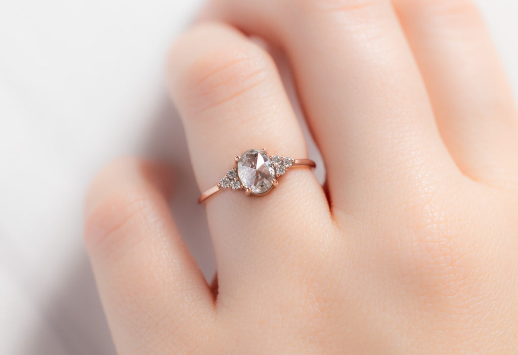 The Ivy Ring with an Oval-Cut Salt and Pepper Diamond on Model