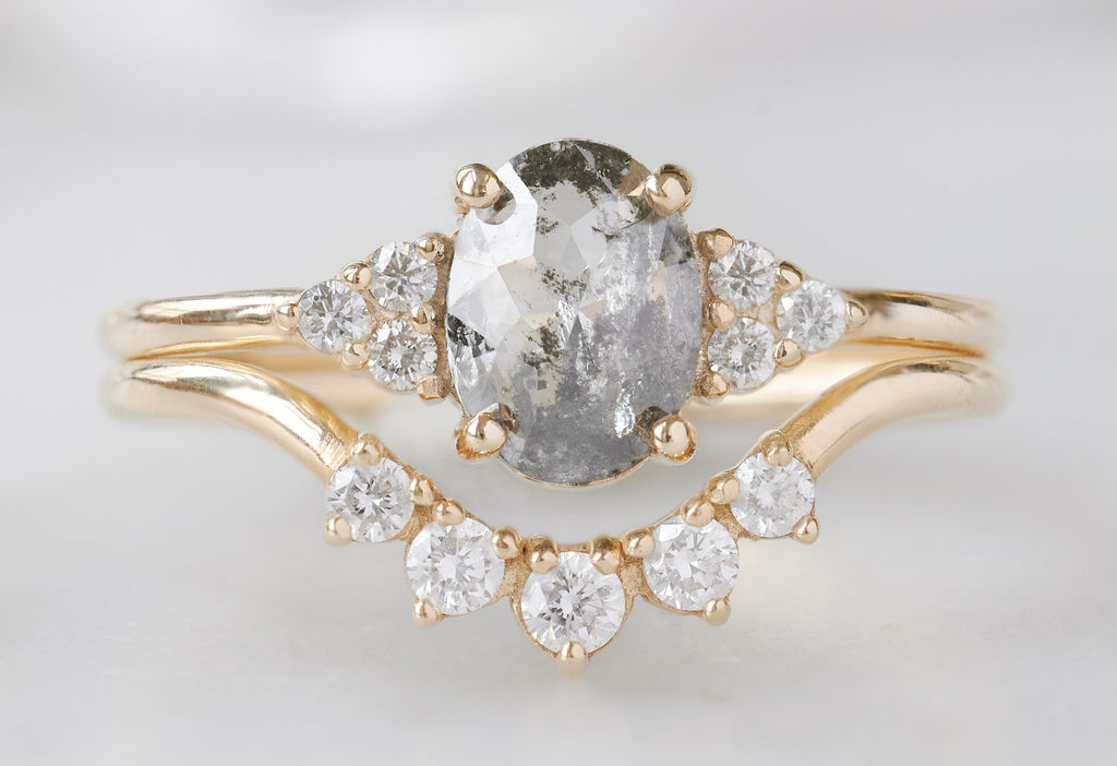 The Ivy Ring with an Oval-Cut Salt and Pepper Diamond with Round White Diamond Sunburst Stacking Band