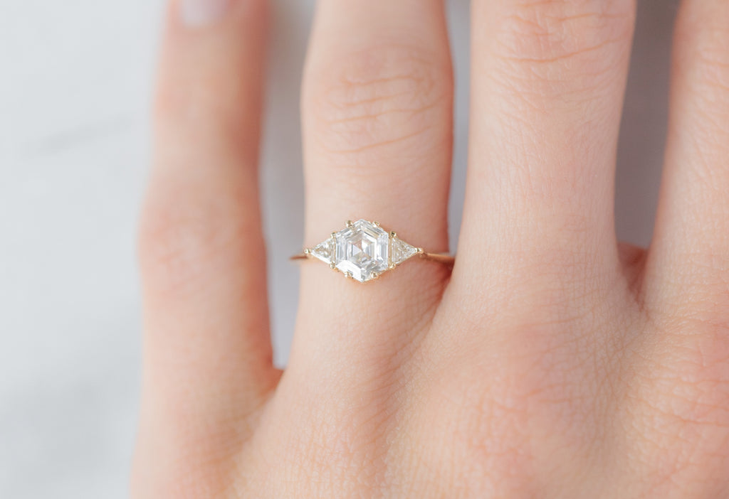 The Jade Ring with a Lab Grown Hexagon Diamond on Model