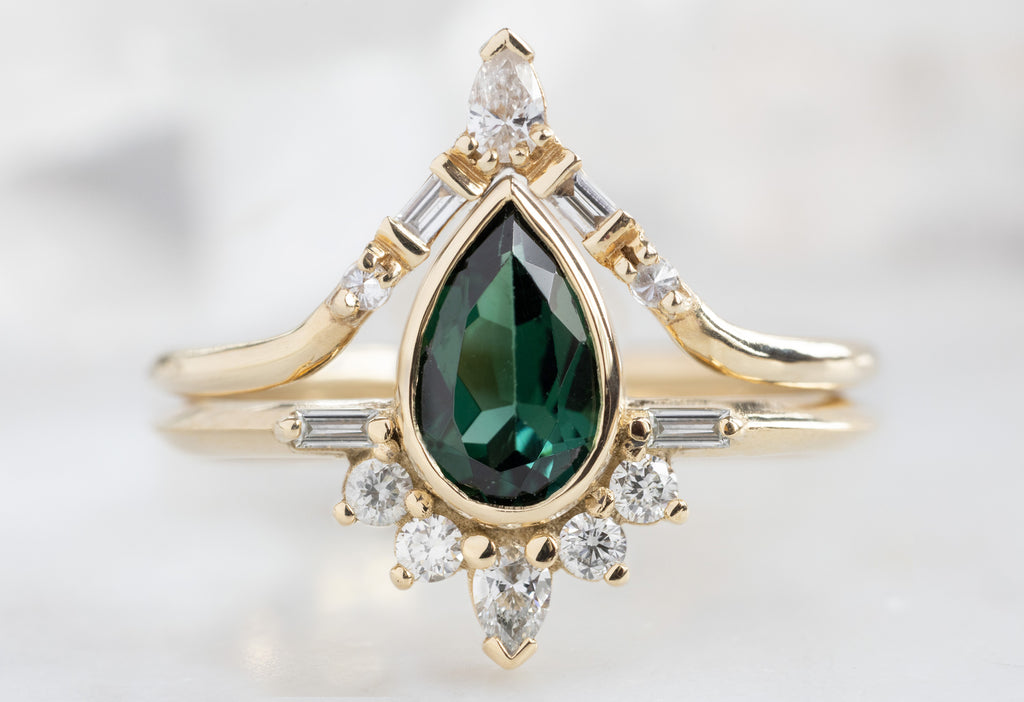 The Posy Ring with a Pear-Cut Tourmaline with White Diamond Tiara Stacking Band