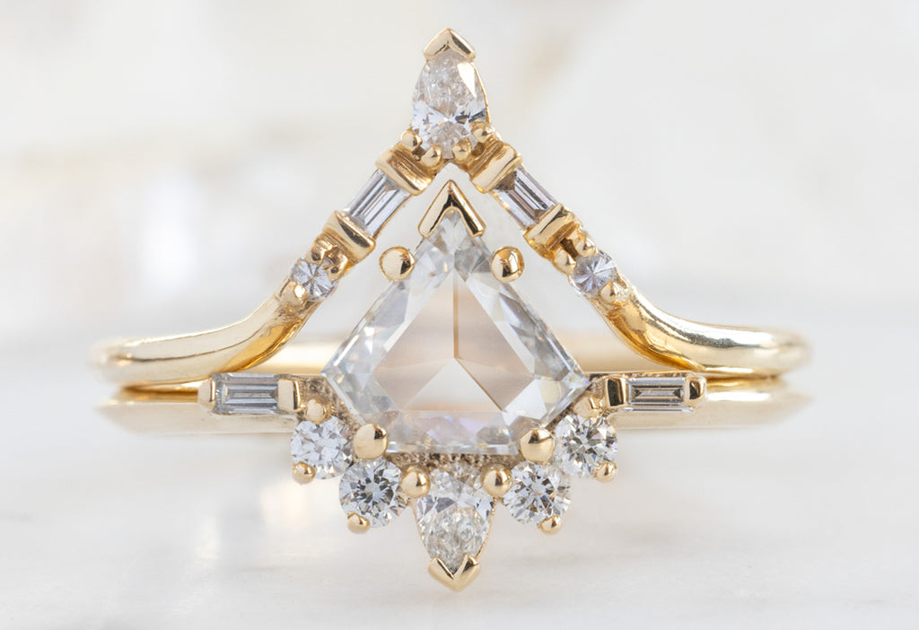 The Posy Ring with a Shield-Cut White Diamond with White Diamond Tiara Stacking Band