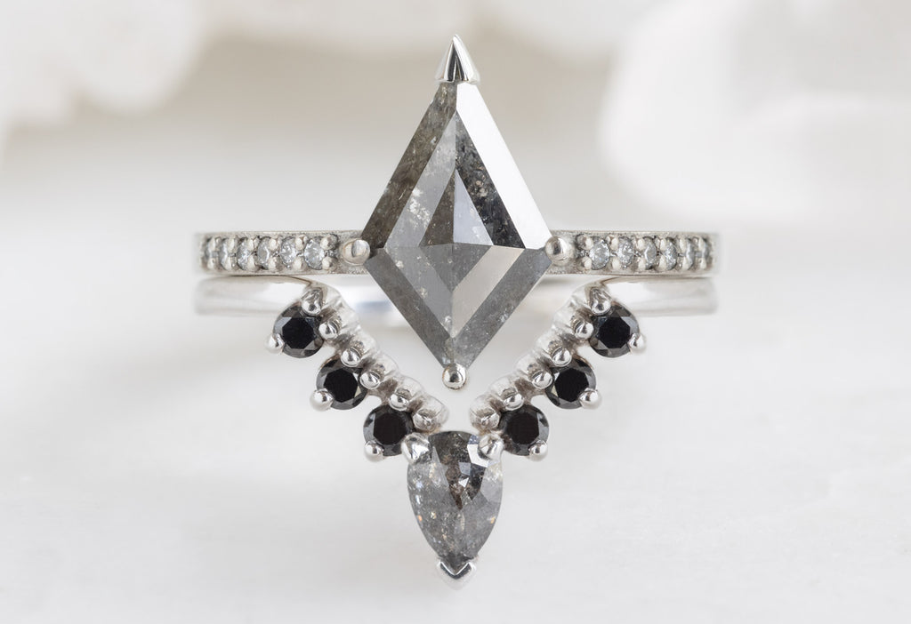 The Willow Ring with a Kite-Shaped Black Diamond with Black Diamond Sunburst Stacking Band