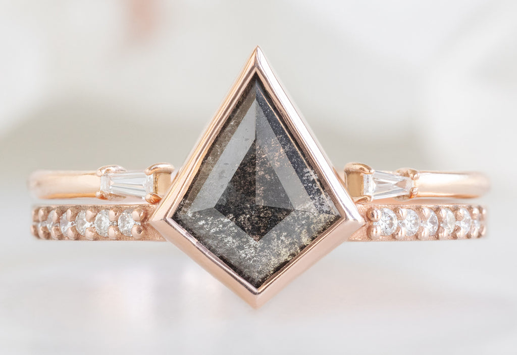 The Willow Ring with a Kite-Shaped Black Diamond with Baguette Stacking Band