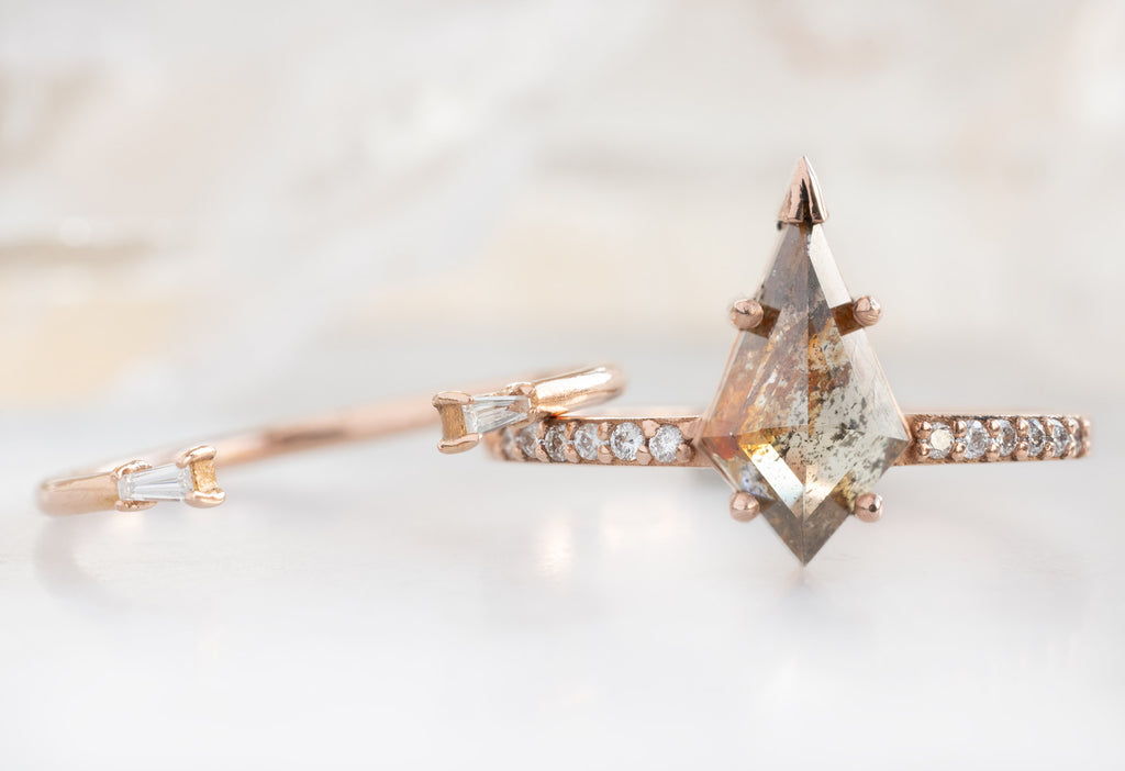 The Willow Ring with a Kite-Shaped Red Diamond with Open Cuff Baguette Stacking Band