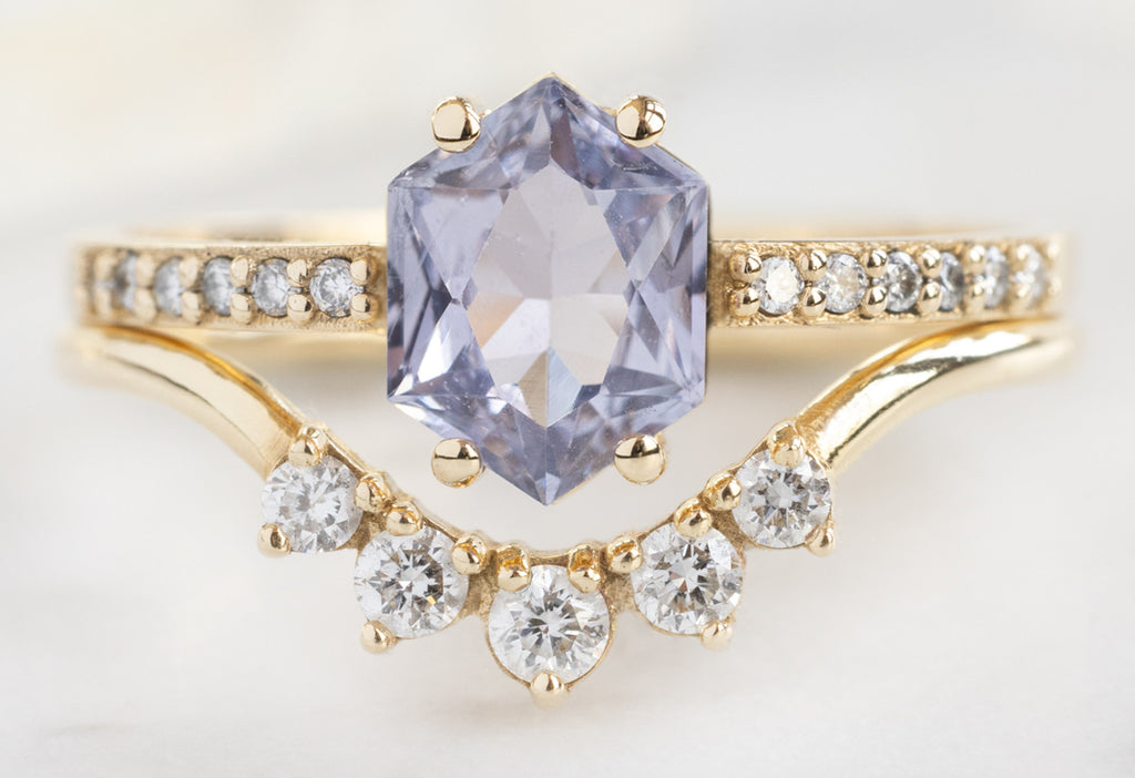 The Willow Ring with a Lilac Sapphire with Round White Diamond Sunburst Stacking Band