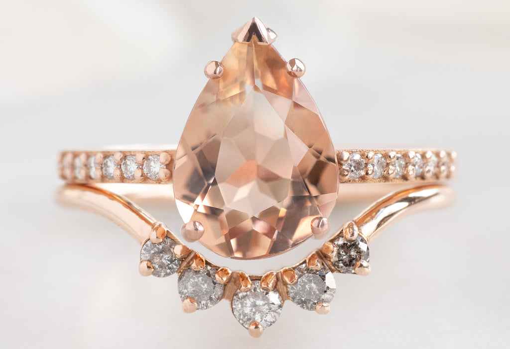 The Willow Ring with a Pear-Cut Sunstone with Round Diamond Sunburst Stacking Band