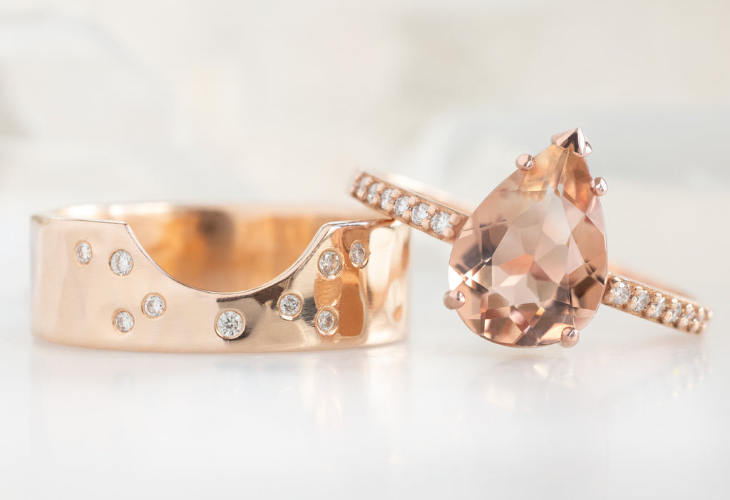 The Willow Ring with a Pear-Cut Sunstone with the Constellation Cut-Out Stacking Band