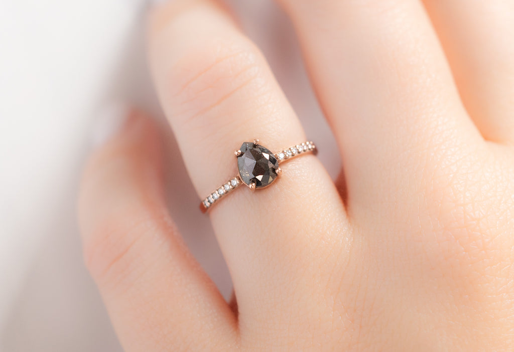 The Willow Ring with a Rose-Cut Black Diamond on Model