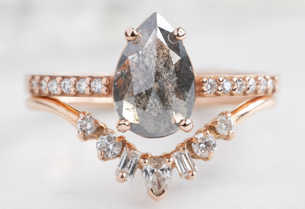 The Willow Ring with a Rose-Cut Grey Diamond with Geometric White Diamond Sunburst Stacking Band