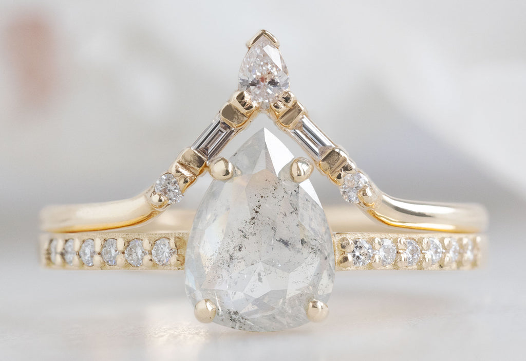 The Willow Ring with a Rose-Cut Icy-White Diamond with White Diamond Tiara Stacking Band