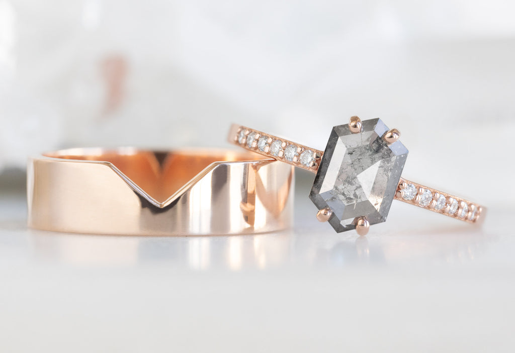 The Willow Ring with a Salt and Pepper Hexagon Diamond with the Gold Cut-Out Stacking Band