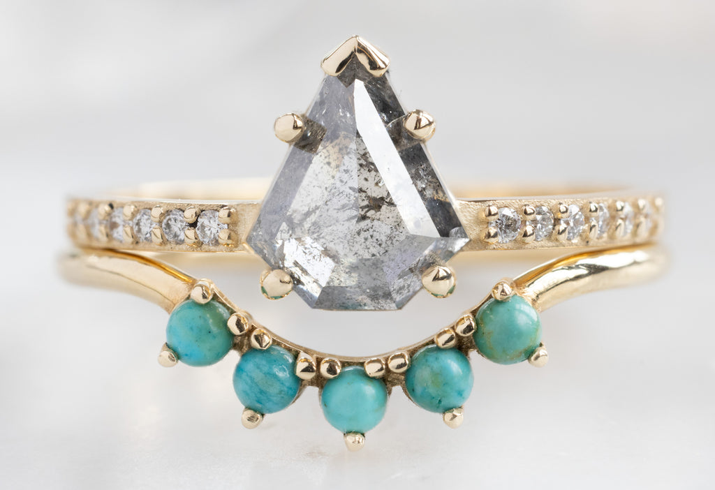 The Willow Ring with a Shield-Cut Salt and Pepper Diamond with Turquoise Sunburst Stacking Band