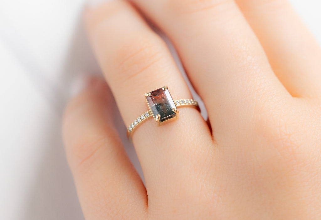 The Willow Ring with an Emerald-Cut Watermelon Tourmaline on Model