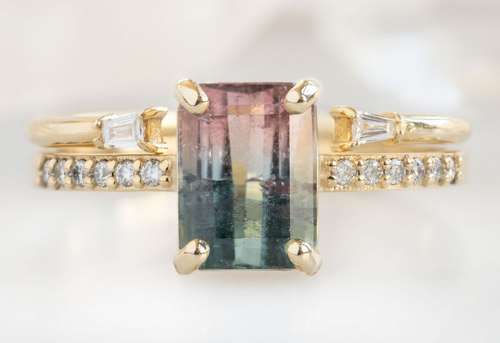 The Willow Ring with an Emerald-Cut Watermelon Tourmaline with Open Cuff Baguette Stacking Band