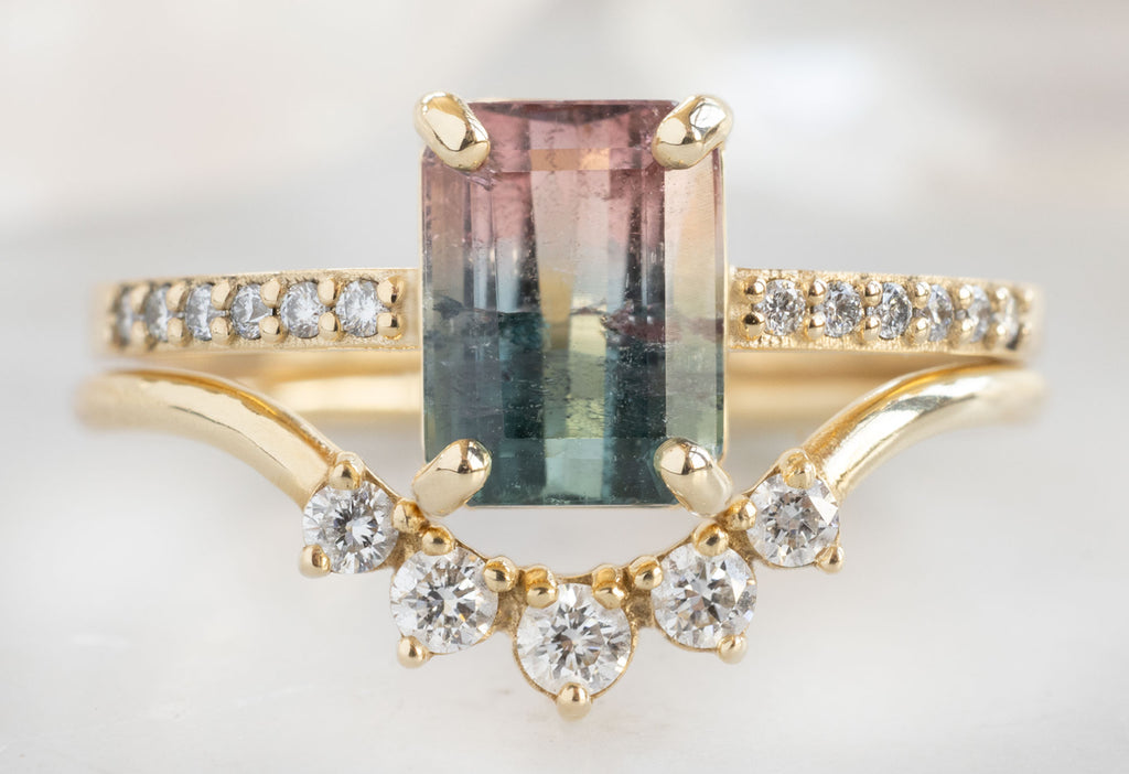 The Willow Ring with an Emerald-Cut Watermelon Tourmaline with Round White Diamond Sunburst Stacking Band